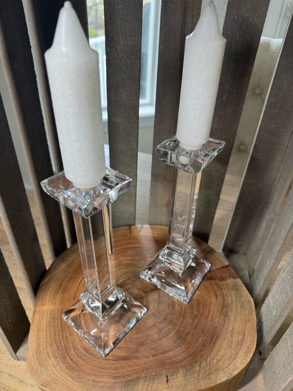 Villeroy & Boch Clear Crystal Candle Holders with White Tapers